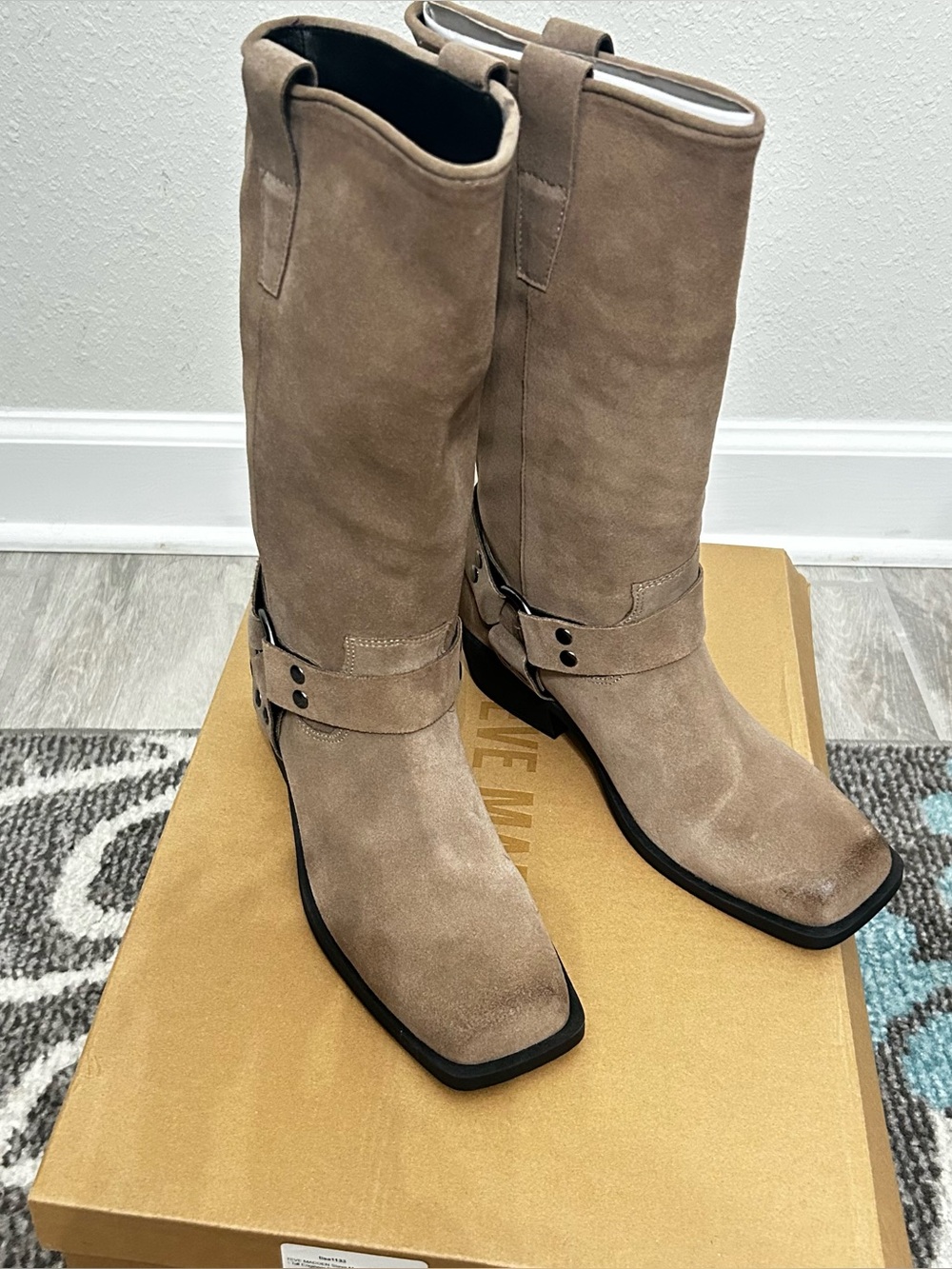 NIB Steve Madden Suede Mid-Calf Harness Boots in Taupe - Women Size 7